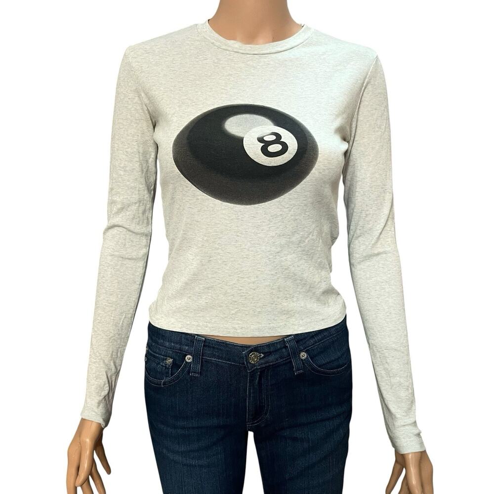 Edikted 8 Ball Print Graphic Tshirt XS Long Sleeve Cropped Crew Neck Heathered